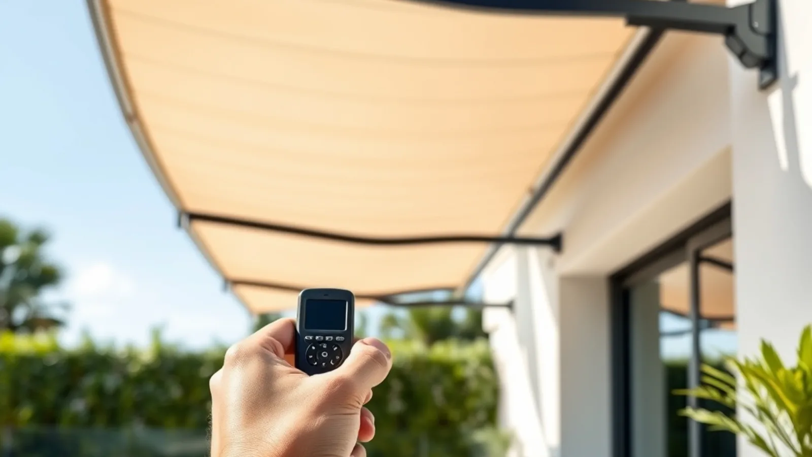 Toldo elétrico motorizado a abrir com comando à distância numa varanda