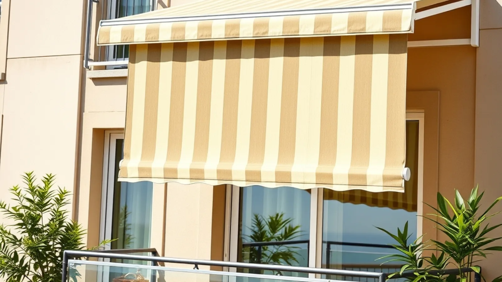 Toldo por medida instalado numa varanda com sol de verão em Portugal